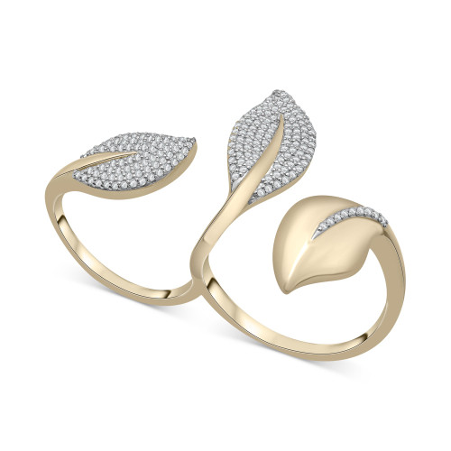 Diamond Pavé Leaf Open Cuff Double Ring (1/2 ct. t.w.) in 10k White or Yellow Gold, Created for Macy's