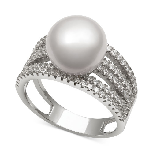 Cultured Freshwater Pearl (10mm) and Cubic Zirconia Multi-Row Statement Ring in Sterling Silver