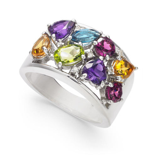 Multi-Gemstone (3-1/3 ct. t.w.) & Diamond (1/20 ct. t.w.) Ring in Sterling Silver