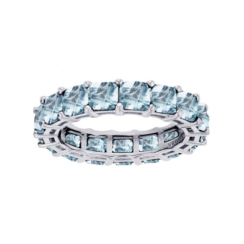 Created Light Blue Spinel Princess Cut Eternity Band in Rhodium Plated Sterling Silver