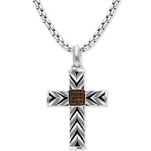 Chocolatier® Men's Chocolate Diamond Textured Cross 22" Pendant Necklace (1/8 ct. t.w.) in Sterling Silver & 14k Rose Gold-Plate