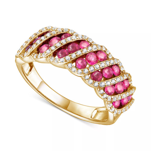 Emerald (3/4 ct. t.w.) & Diamond (1/3 ct. t.w.) Diagonal Cluster Ring in 14k Gold (Also in Ruby & Sapphire)