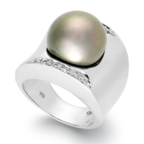 Tahitian Pearl (13mm) and Diamond (1/8 ct. t.w.) Ring in Sterling Silver