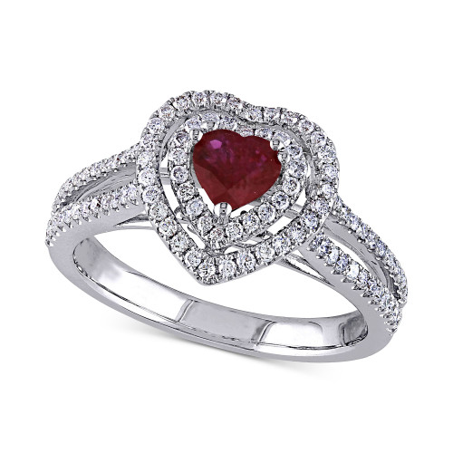 Ruby (3/5 ct. t.w.) & Diamond (3/8 ct. t.w.) Heart Double Halo Ring in 14k White Gold