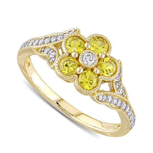 Yellow Sapphire (3/4 ct. t.w.) & Diamond (1/6 ct. t.w.) Flower Ring in 10k Gold