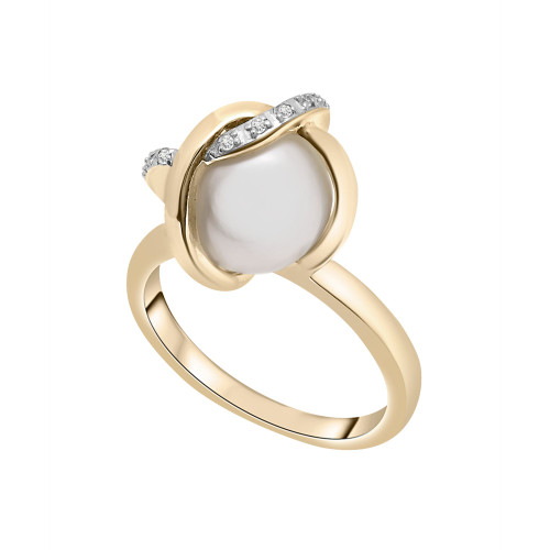 Cultured Freshwater Pearl (10mm) & Diamond (1/20 ct. tw.) Crossed Ring 14K in Yellow Gold