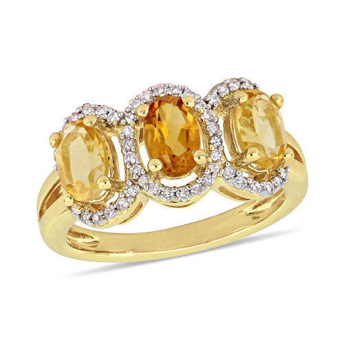 Citrine (1-1/3 ct.t.w.) and Diamond (1/5 ct.t.w.) 3-Stone Halo Ring in 18k Yellow Gold over Sterling Silver