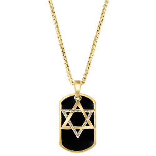 EFFY® Men's Onyx & Diamond (1/5 ct. t.w.) Star of David Dog Tag 22" Pendant Necklace in 14k Gold