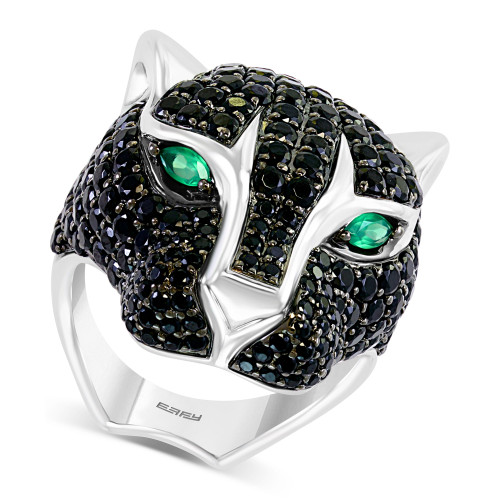 EFFY® Black Spinel (5-7/8 ct. t.w.) & Green Onyx Panther Statement Ring in Sterling Silver