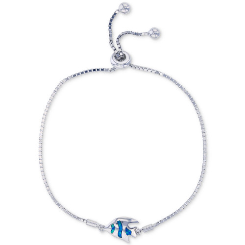 Lab-Created Blue Opal Fish Bolo Bracelet in Sterling Silver