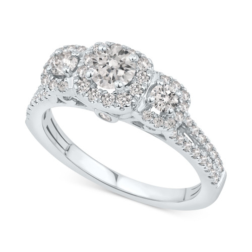 Diamond Halo Three Stone Engagement Ring (1 ct. t.w.) in 14k White Gold