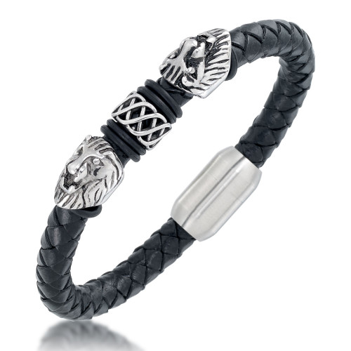 Men's Black Leather Lion Head Bracelet in Stainless Steel