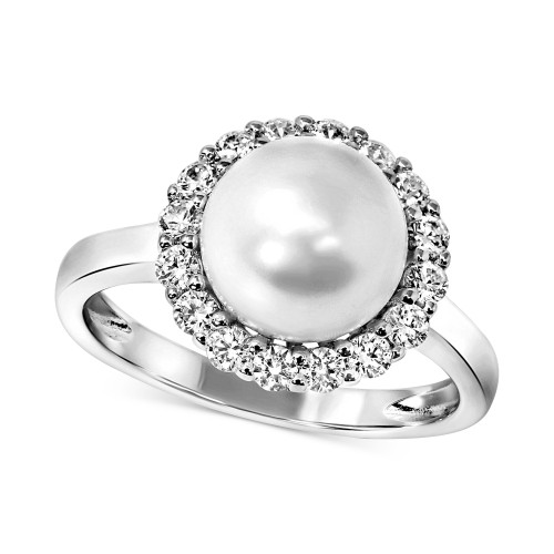 Cultured Freshwater Pearl (8 mm) & Cubic Zirconia Halo Ring in Sterling Silver