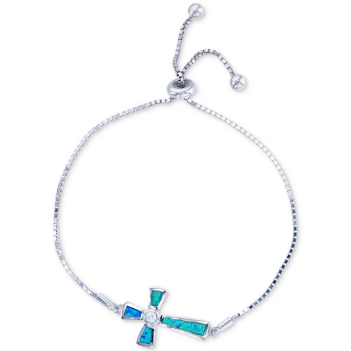 Lab-Created Blue Opal Cross Bolo Bracelet in Sterling Silver