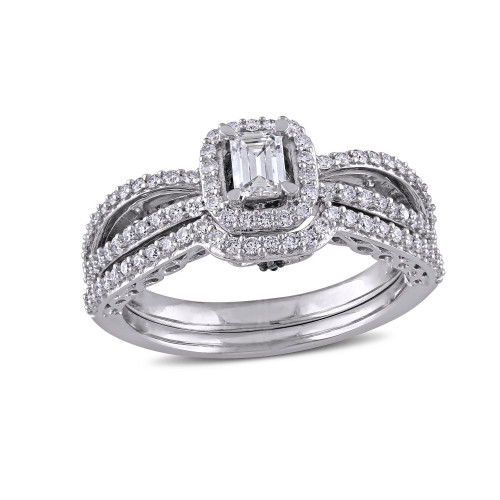 Certified Diamond (3/4 ct. t.w.) Emerald-Shape Halo Split Shank Bridal Set in 14k White Gold