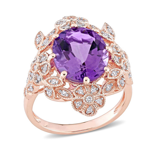 Amethyst (4 ct. t.w.) and Diamond (1/4 ct. t.w.) Floral Vintage Cocktail Ring in 14k Rose Gold