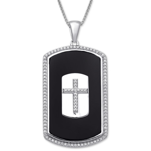 Men's Onyx & Diamond (1/3 ct. t.w.) Cross 22" Pendant Necklace in Sterling Silver