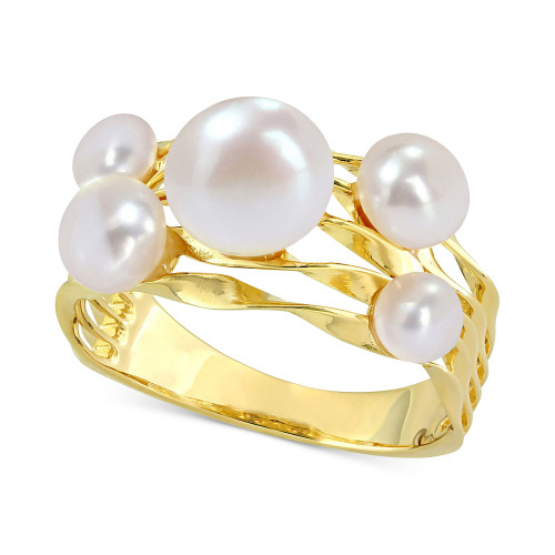 Cultured Freshwater Pearl (4- 7-1/2mm) Cluster Openwork Ring in Yellow Rhodium-Plated Sterling Silver