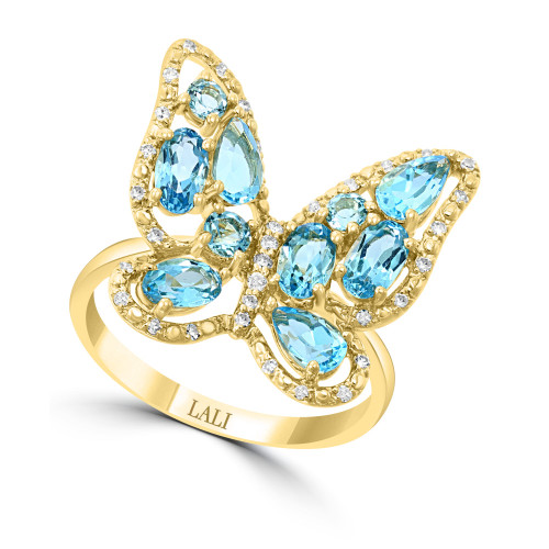 LALI Jewels Swiss Blue Topaz (2-1/20 ct. t.w.) & Diamond (1/6 ct. t.w.) Butterfly Ring in 14k Gold