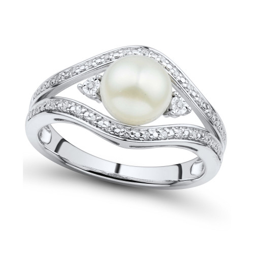 Cultured Freshwater Button Pearl (7mm) & Diamond Accent Ring in Sterling Silver