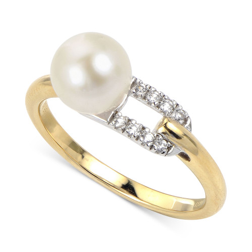 Cultured Freshwater Pearl (7mm) & Lab-Created White Sapphire (1/10 ct. t.w.) Buckle Ring in Sterling Silver & 14k Gold-Plate