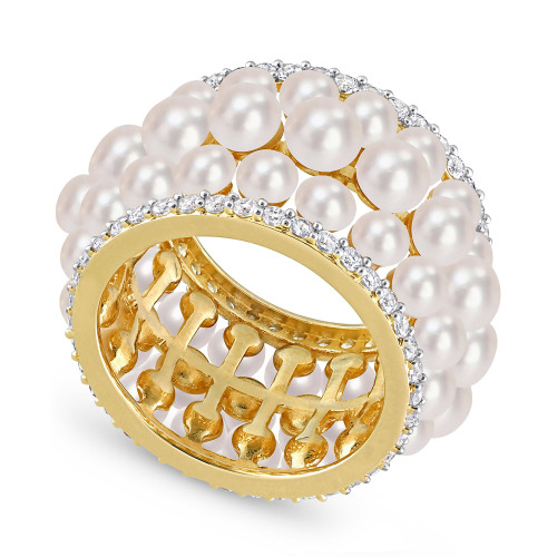 Cultured Freshwater Pearl (3 - 4-1/2mm) & Lab-Created White Sapphire (1-3/5 ct. t.w.) Multirow Statement Ring in Yellow Rhodium-Plated Sterling Silver