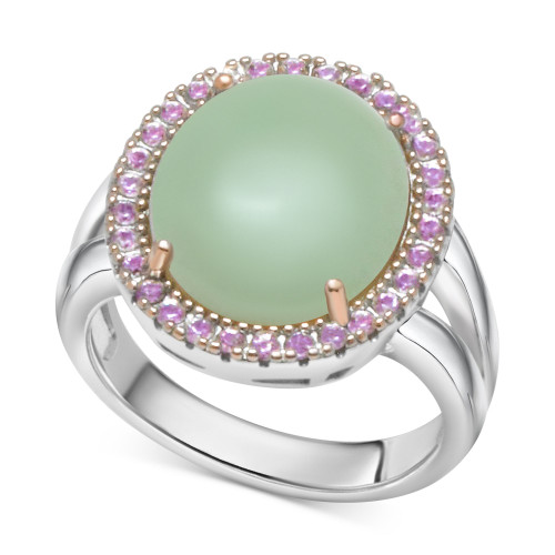 Green Jade (10 x 14mm) & Pink Amethyst (1/2 ct. t.w.) Halo Ring in Sterling Silver