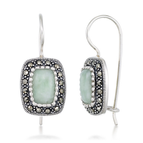 Jade (9 x 6mm) & Marcasite Rectangle Earrings in Sterling Silver