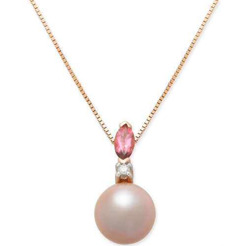 Pink Cultured Freshwater Pearl (7mm), Pink Tourmaline (1/6 ct. t.w.) & Diamond Accent 18" Pendant Necklace in 14k Rose Gold
