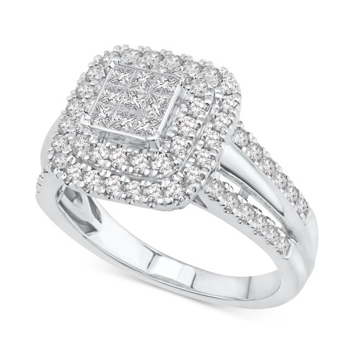 Diamond Princess Square Double Halo Cluster Ring (1 ct. t.w.) in 14k White Gold