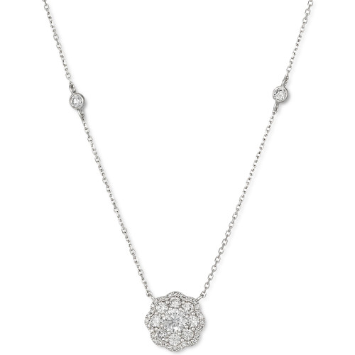 Vanilla Diamond Flower Cluster Station 19" Pendant Necklace (1 ct. t.w.) in Platinum