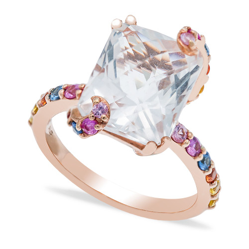White Quartz and Multi-Colored Sapphire Ring in 14K Rose Gold