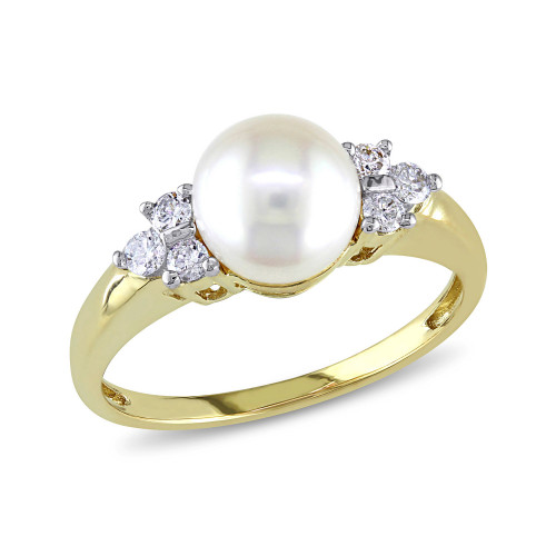 Cultured Akoya Pearl (7-7.5mm) and Diamond (1/5 ct. t.w.) Ring in 14k Yellow Gold