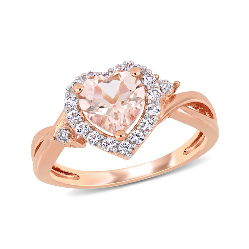 Morganite (1-1/10 ct. t.w.) Created White Sapphire (1/3 ct. t.w.) and Diamond Accent Heart Ring in 18k Rose Gold Over Silver