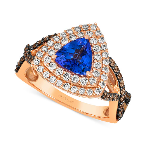 Blueberry Tanzanite (1 ct. t.w.) & Diamond (3/4 ct. t.w.) Trillion Double Halo Ring in 14k Rose Gold