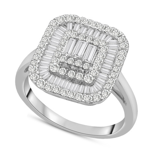 Diamond Round & Baguette Square Halo Cluster Ring (1 ct. t.w.) in 14k White Gold, Created for Macy's