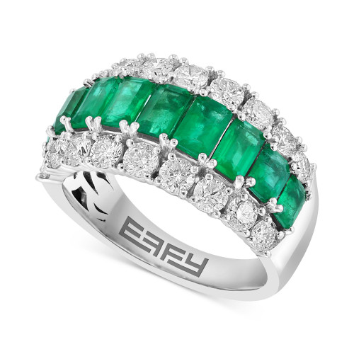 EFFY® Emerald (2-1/10 ct. t.w.) & Diamond (1-1/4 ct. t.w.) Triple Row Ring in 14k White Gold