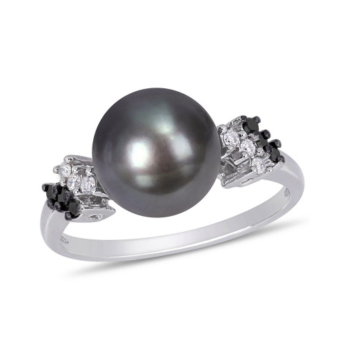 Tahitian Cultured Pearl (9-9.5mm) and Black White Diamond (1/8 ct. t.w.) Ring in 10k White Gold