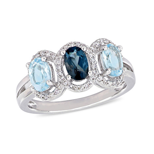 Blue Topaz (1-3/5 ct.t.w.) and Diamond (1/5 ct.t.w.) 3-Stone Halo Ring in Sterling Silver