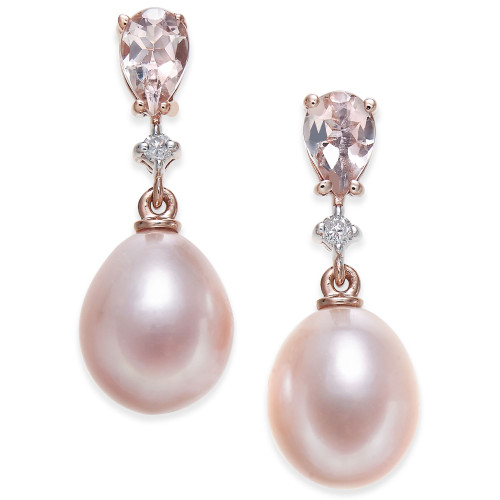 Pink Cultured Freshwater Pearl (8-1/2mm), Morganite (3/4 ct. t.w.) and Diamond Accent Drop Earrings in 14k Rose Gold