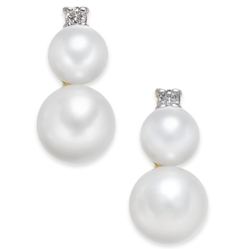Cultured Freshwater Pearl (5mm & 7mm) & Diamond Accent Stud Earrings in 14k Gold