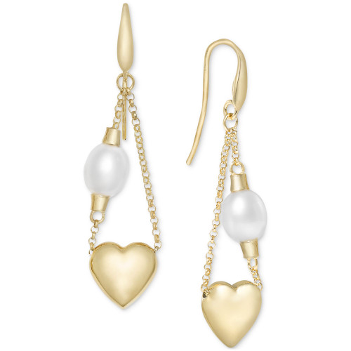 Cultured Freshwater Pearl (7 1/4 x 8mm) Chain Heart Drop Earrings in 14k Gold-Plated Sterling Silver