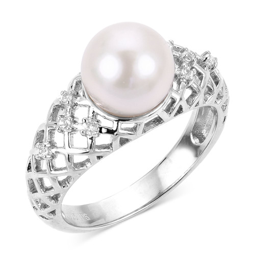 Cultured Freshwater Pearl (8 1/2mm) & Lab-Created White Sapphire (1/10 ct. t.w.) Lattice Ring in Sterling Silver