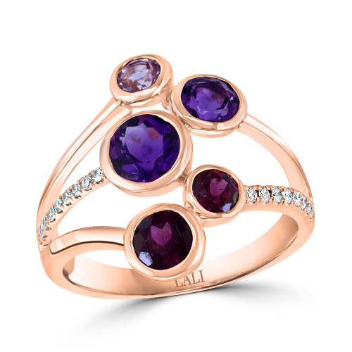 Multi-Gemstone (2-1/8 ct. t.w.) & Diamond (1/10 ct. t.w.) Bezel Multirow Statement Ring in 14k Rose Gold