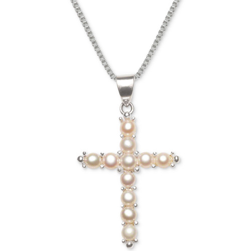 Cultured Freshwater Pearl (3-1/2mm) Cross 18" Pendant Necklace in Sterling Silver