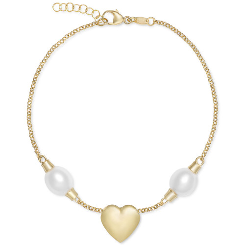 Cultured Freshwater Pearl (7 1/4 x 8mm) Heart Link Bracelet in 14k Gold-Plated Sterling Silver