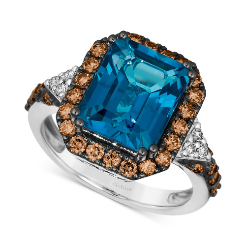 Couture Deep Sea Blue Topaz (5 ct. t.w.), Chocolate Diamonds (3/4 ct. t.w.) & Nude Diamonds (1/10 ct. t.w.) Square Halo Ring in Platinum