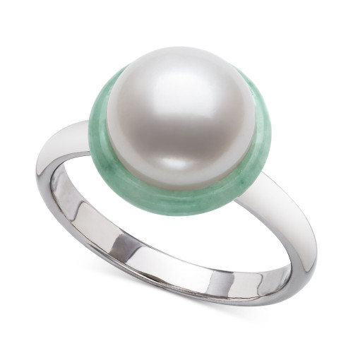 Cultured Freshwater Pearl (9mm) & Jade Halo Ring in Sterling Silver