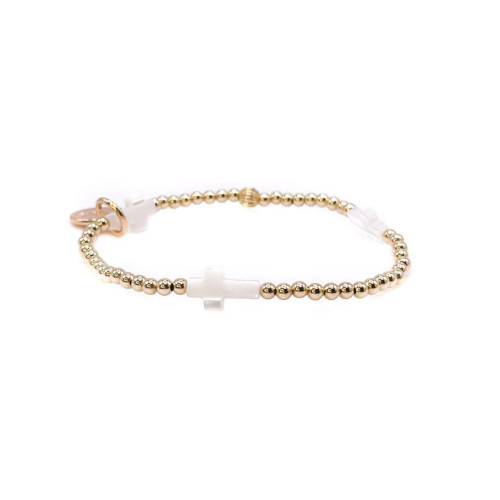 Non-Tarnishing Gold filled, 3mm Gold Ball and Mother Of Pearl Cross Stretch Bracelet