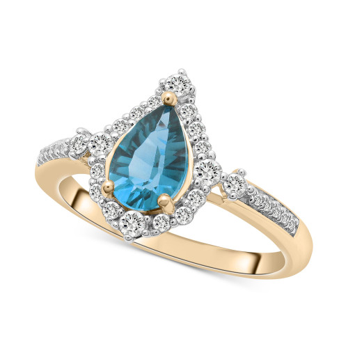 London Blue Topaz (1-1/10 ct. t.w.) & Diamond (1/4 ct. t.w.) Pear Halo Ring in 14k Gold